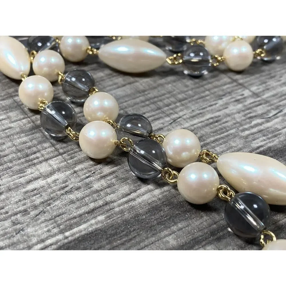 Vintage Monet Faux Pearl Oval Round & Fume Acrylic Beads Necklace 36
